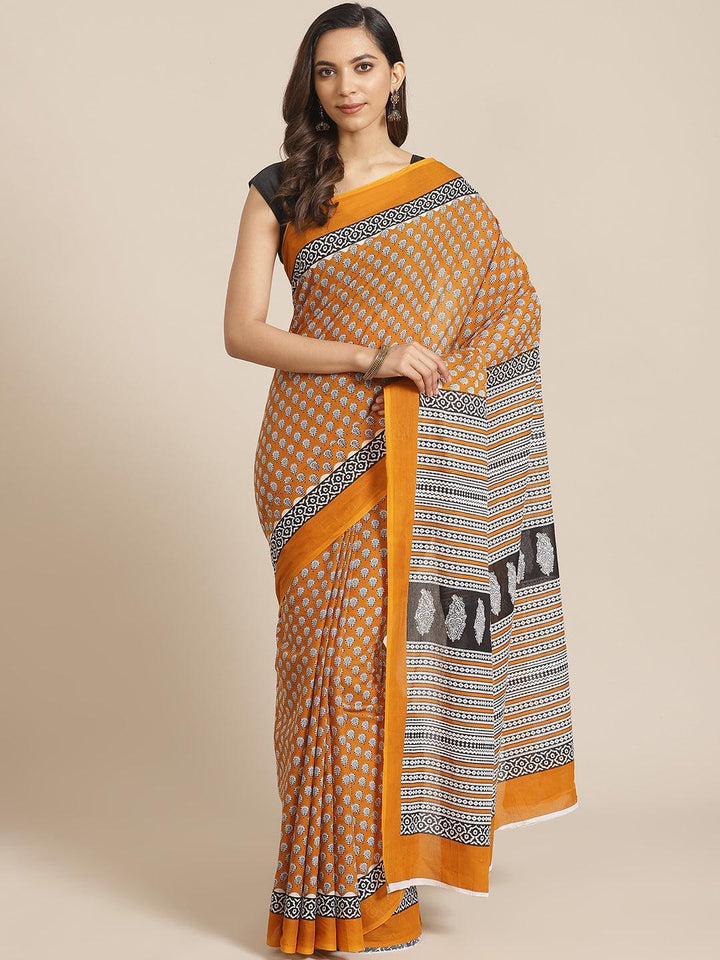 Yellow Printed Cotton Saree - ShopLibas