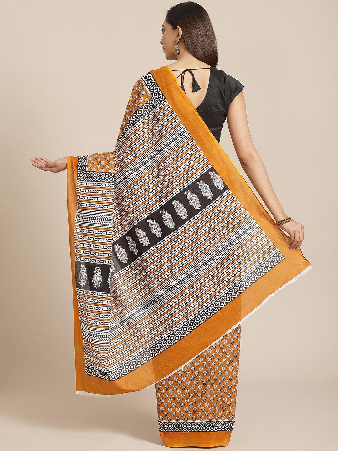 Yellow Printed Cotton Saree - ShopLibas