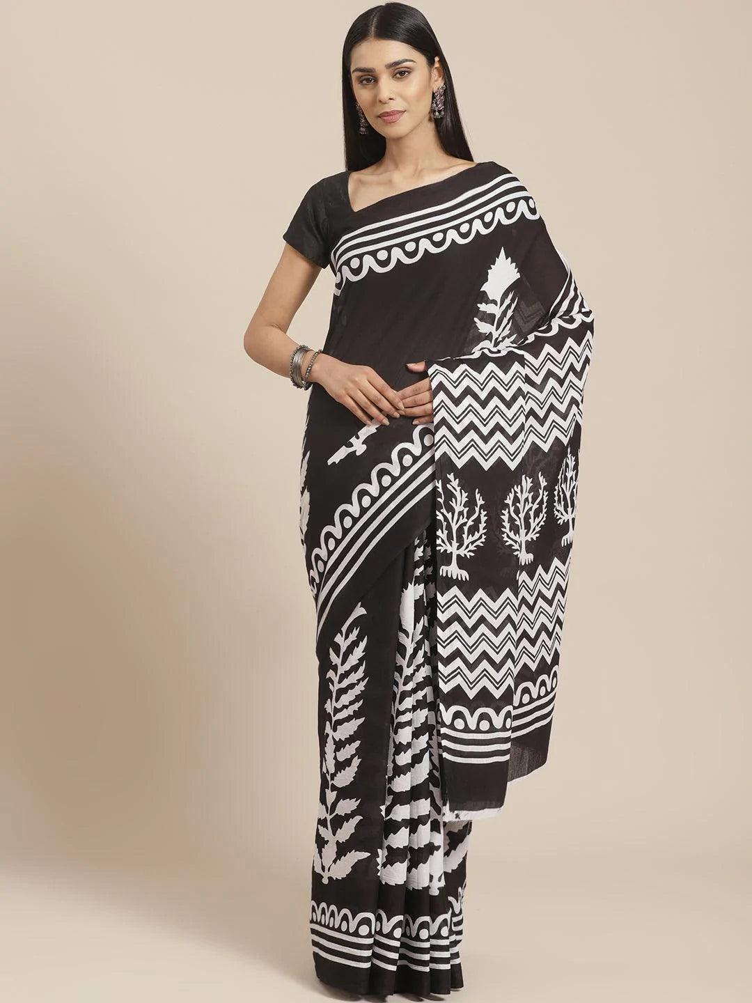 Black Printed Cotton Saree