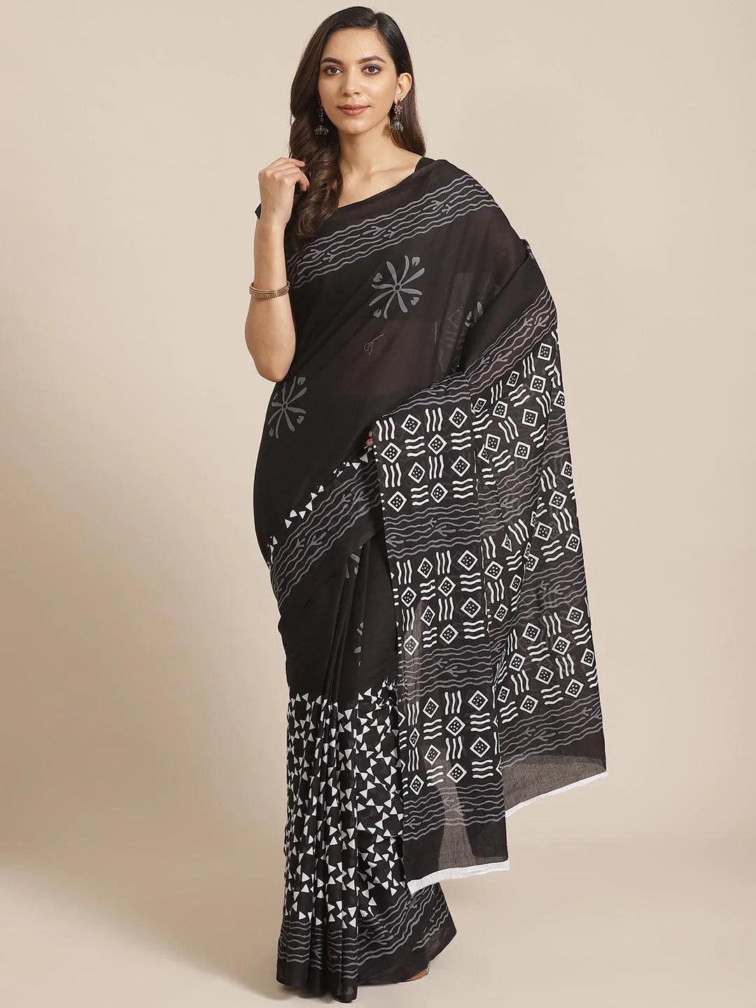 Black Printed Cotton Saree