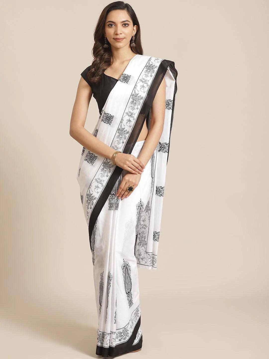 White Printed Cotton Saree