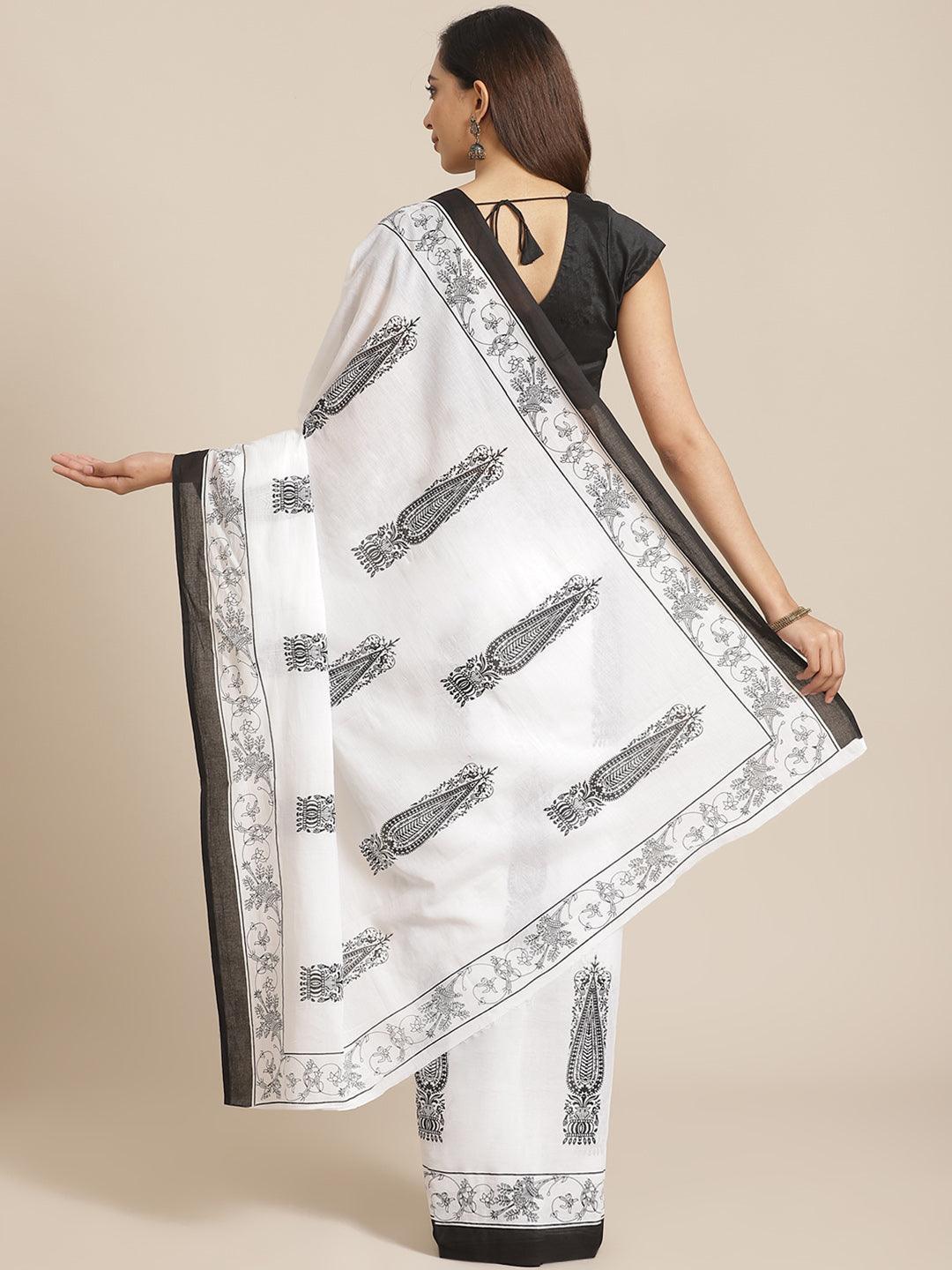 White Printed Cotton Saree