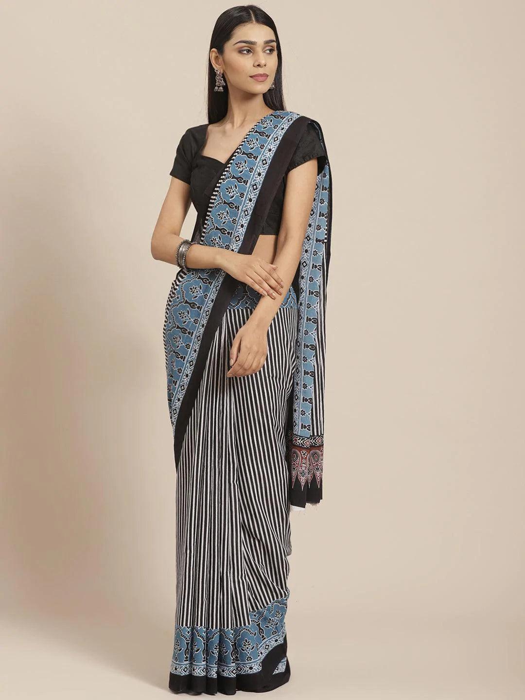 Black Striped Cotton Saree - ShopLibas