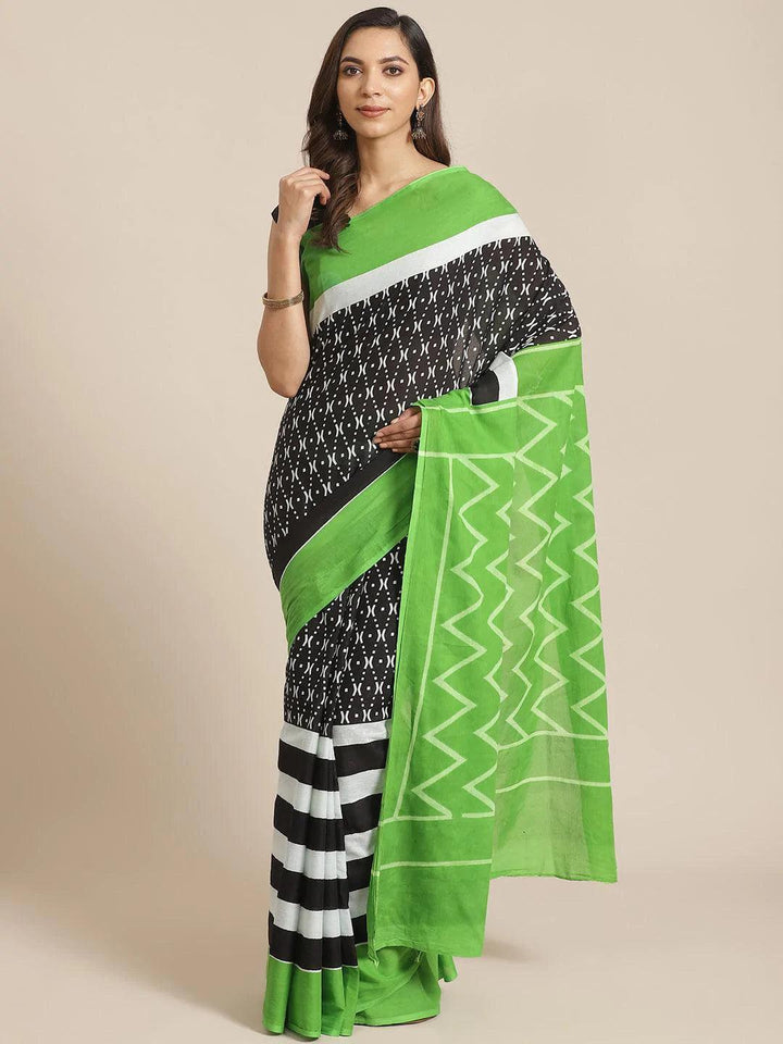 Black Printed Cotton Saree - ShopLibas