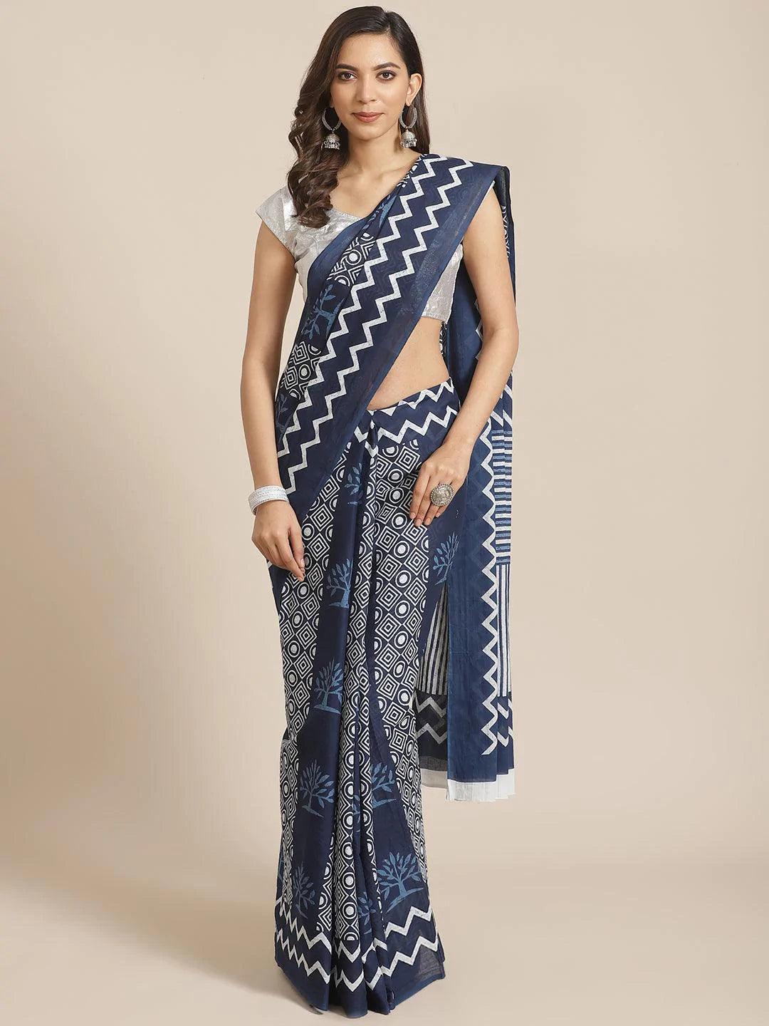 Blue Printed Cotton Saree - ShopLibas