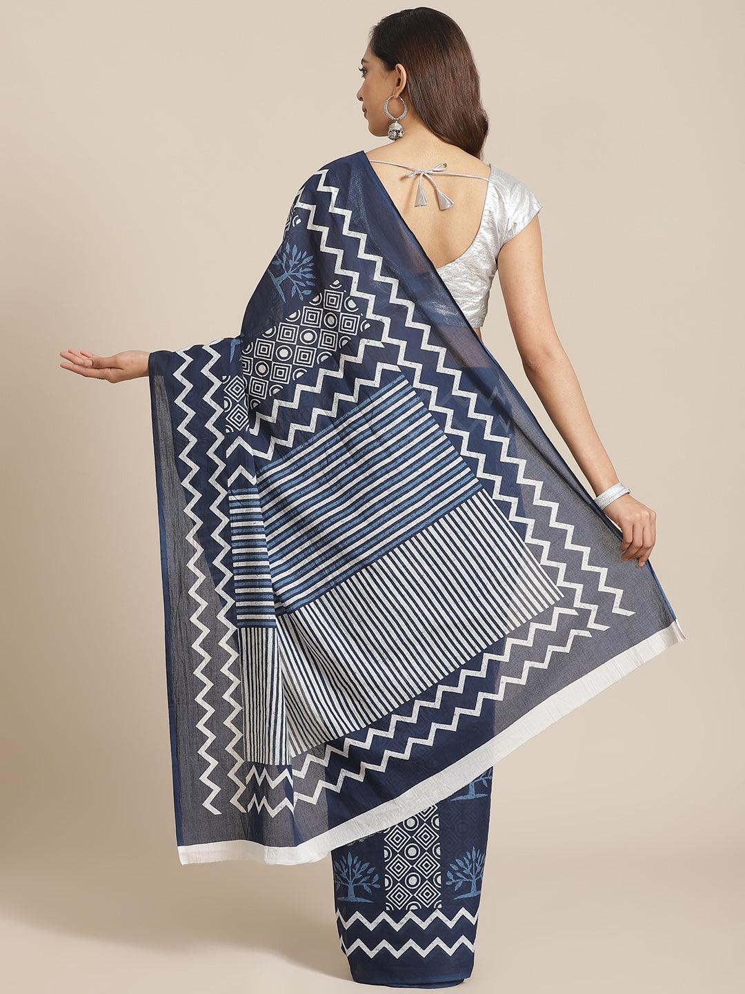 Blue Printed Cotton Saree - ShopLibas