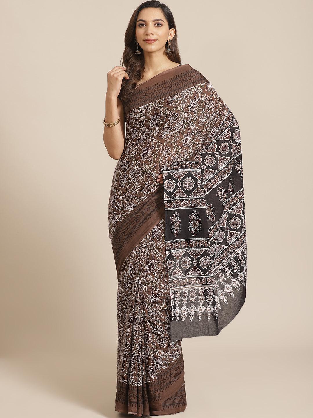 Brown Printed Cotton Saree - ShopLibas