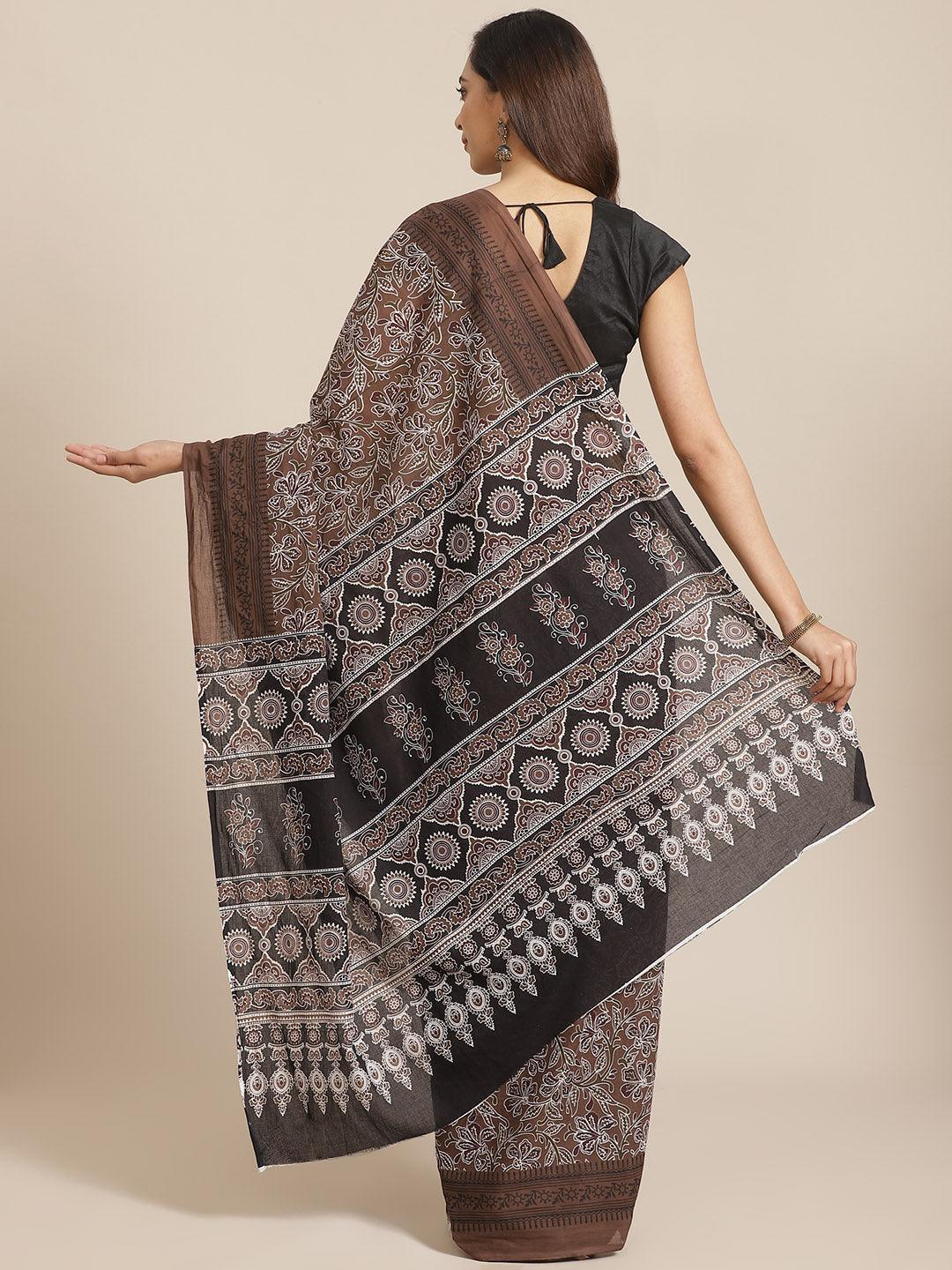 Brown Printed Cotton Saree - ShopLibas