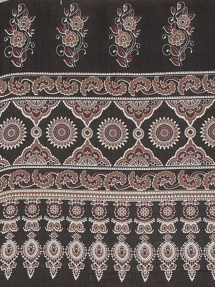 Brown Printed Cotton Saree - ShopLibas