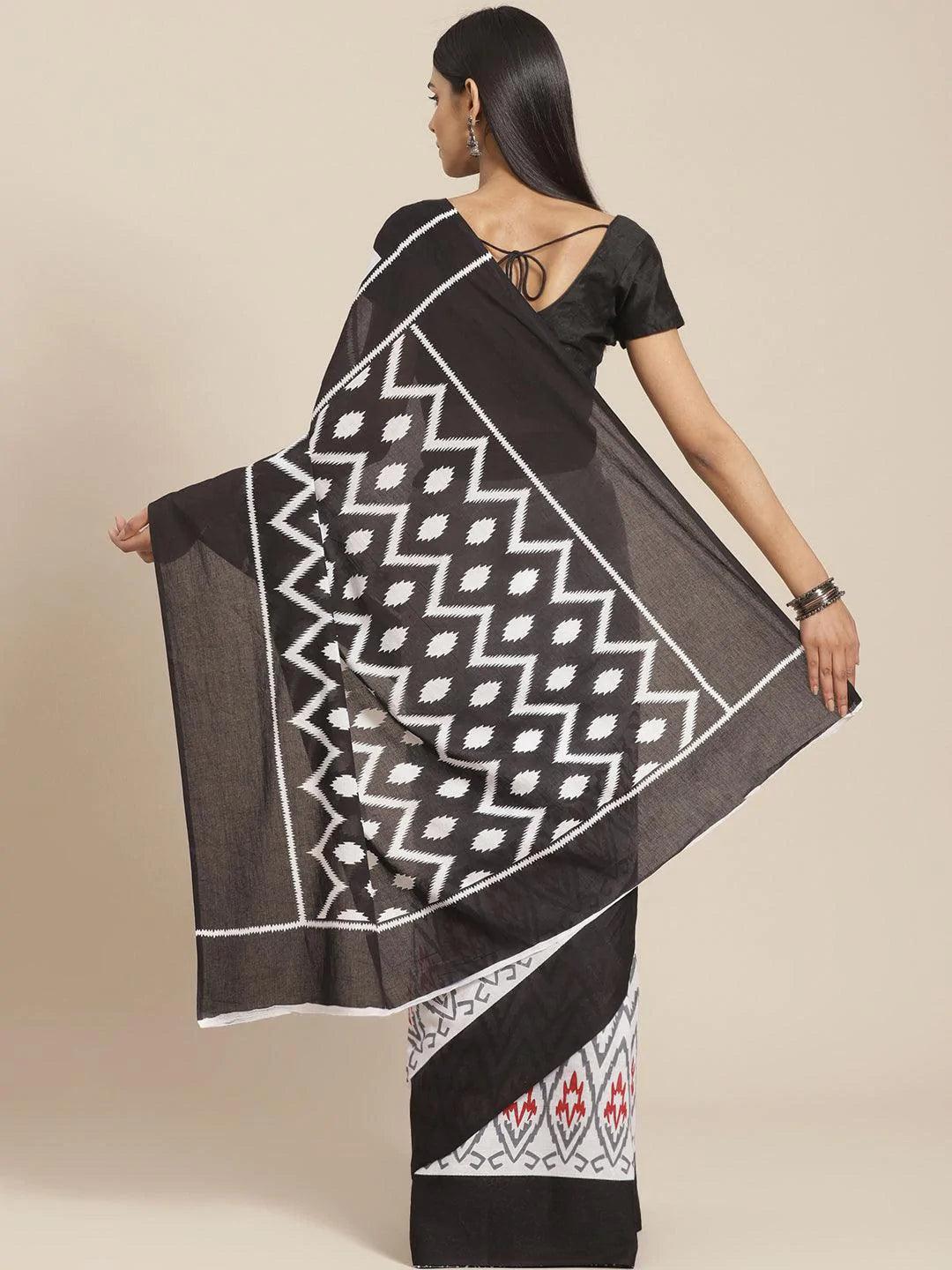 White Printed Cotton Saree