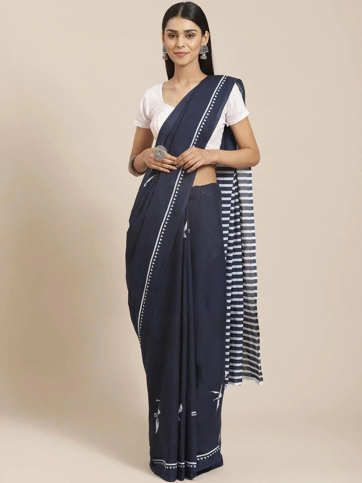 Blue Printed Cotton Saree - ShopLibas