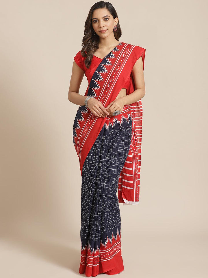 Blue Printed Cotton Saree - ShopLibas