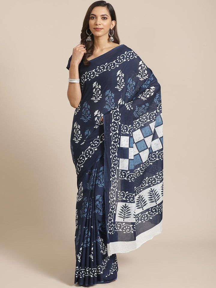 Blue Printed Cotton Saree - ShopLibas