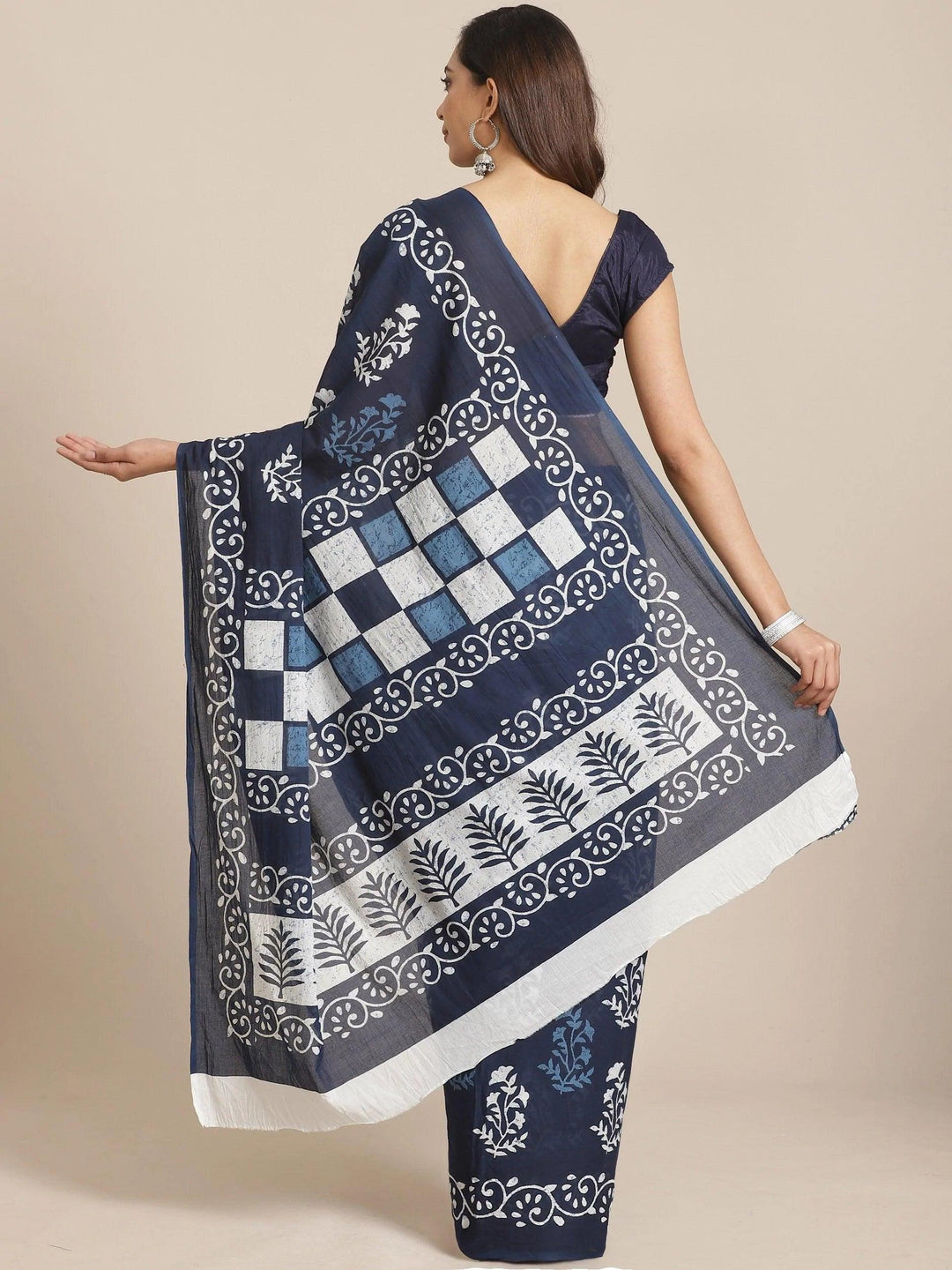 Blue Printed Cotton Saree - ShopLibas