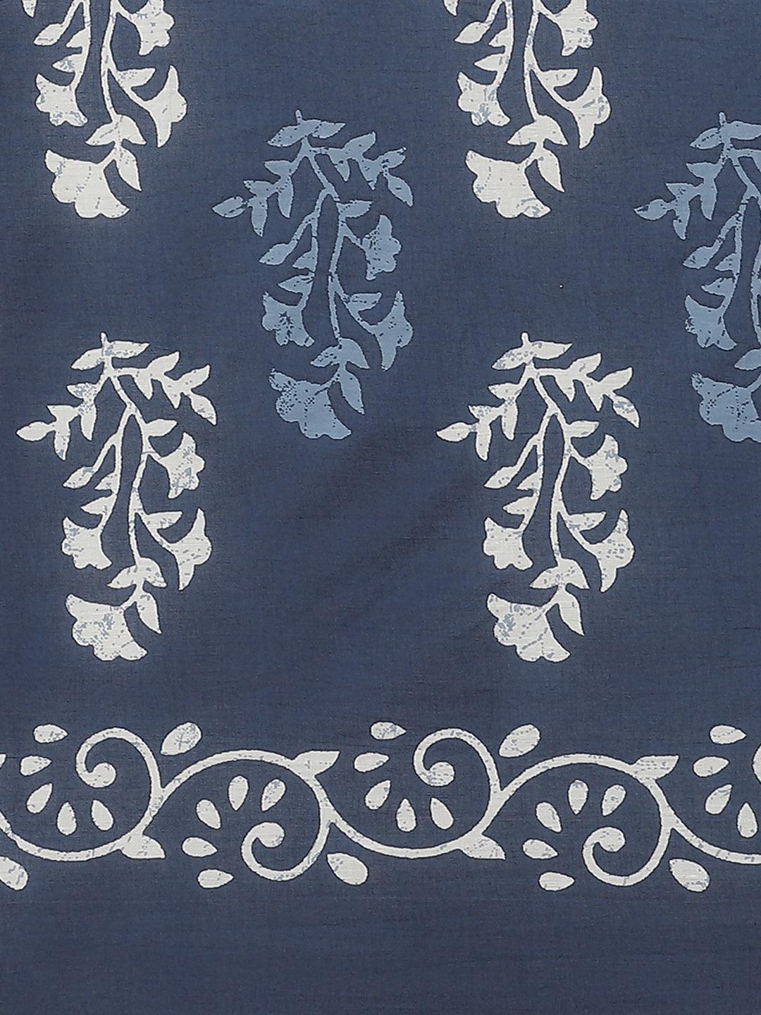 Blue Printed Cotton Saree - ShopLibas