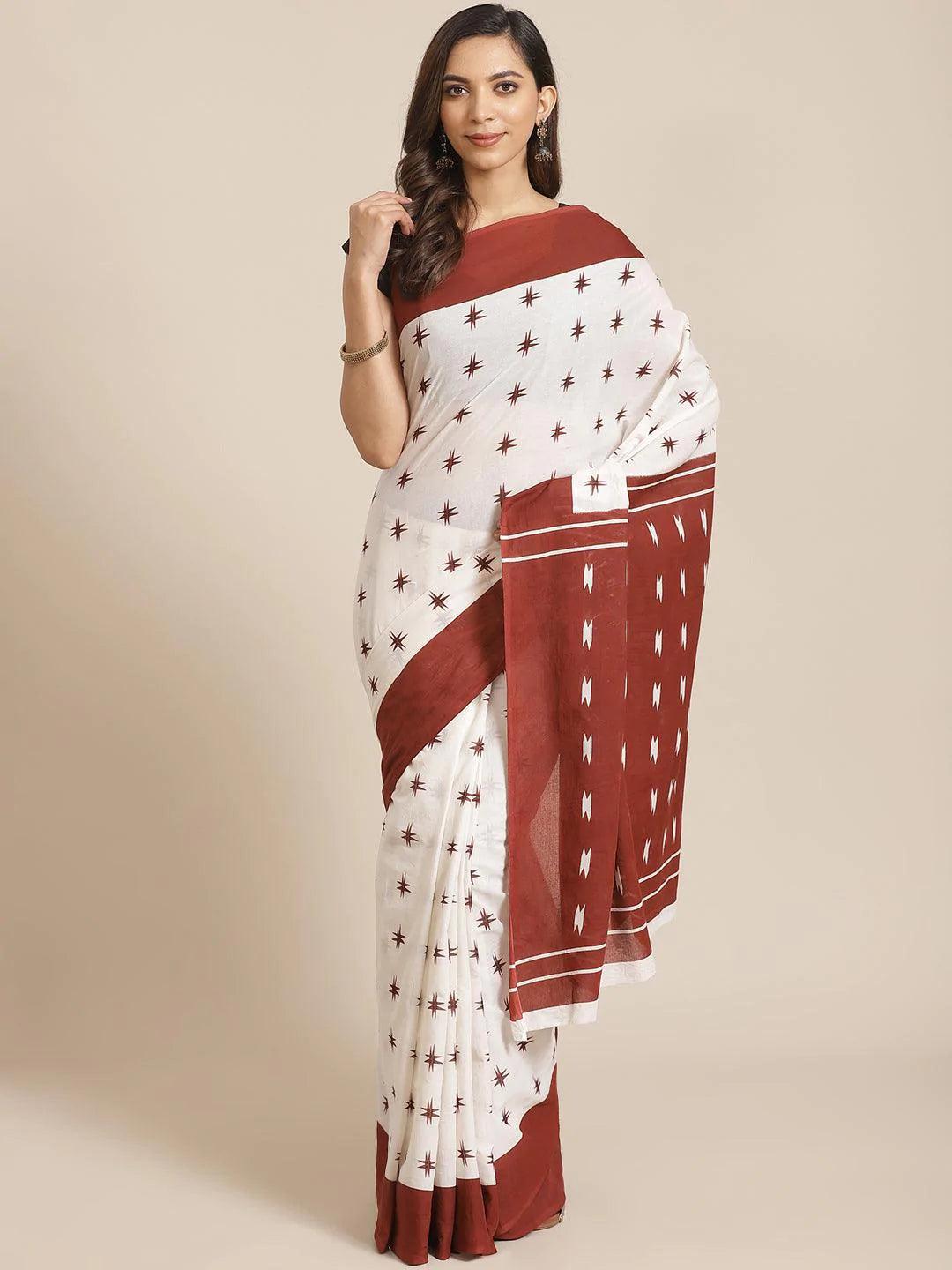 White Printed Cotton Saree