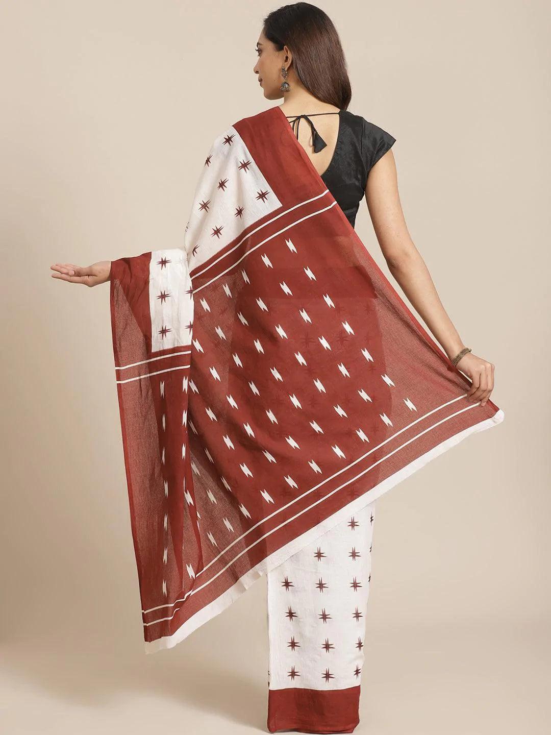 White Printed Cotton Saree