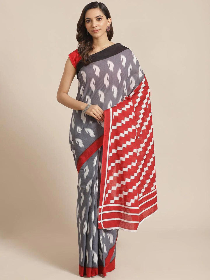 Grey Printed Cotton Saree - ShopLibas