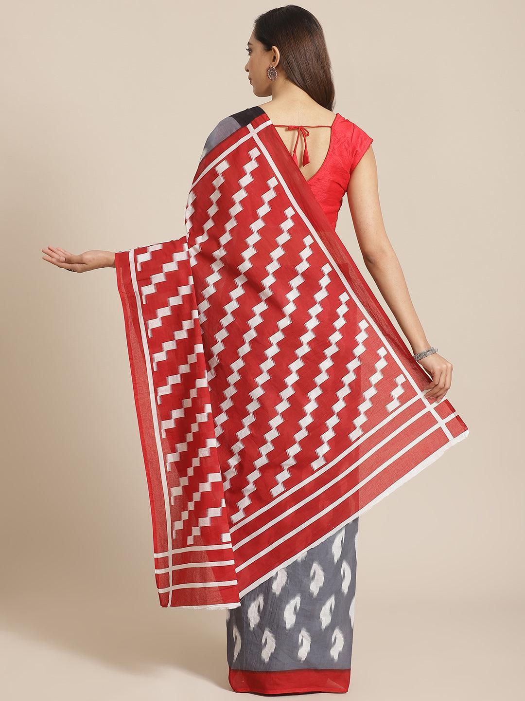 Grey Printed Cotton Saree - ShopLibas