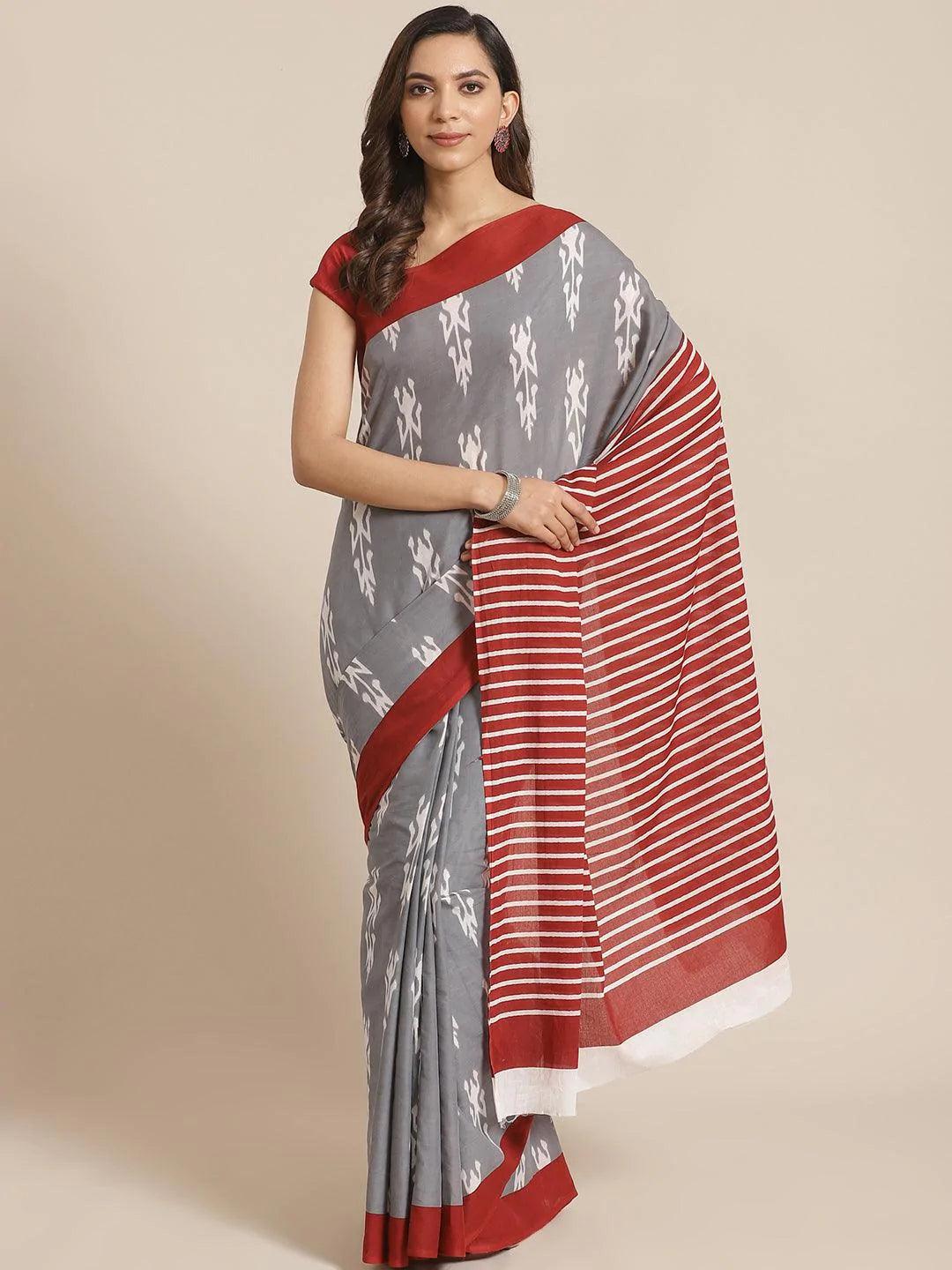 Grey Printed Cotton Saree - ShopLibas