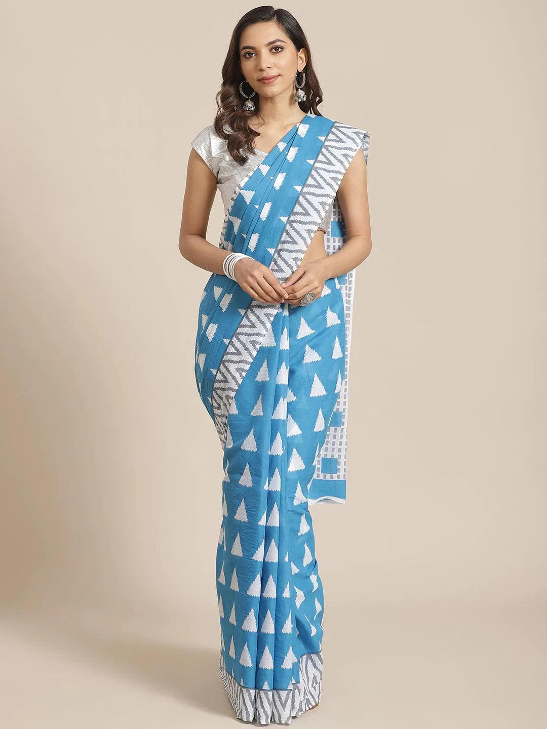 Blue Printed Cotton Saree - ShopLibas