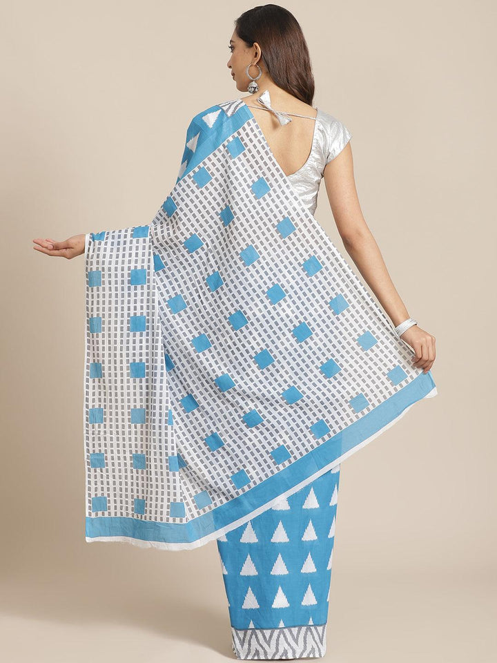 Blue Printed Cotton Saree - ShopLibas