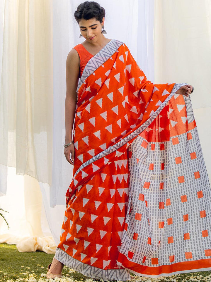 Orange Printed Cotton Saree - ShopLibas