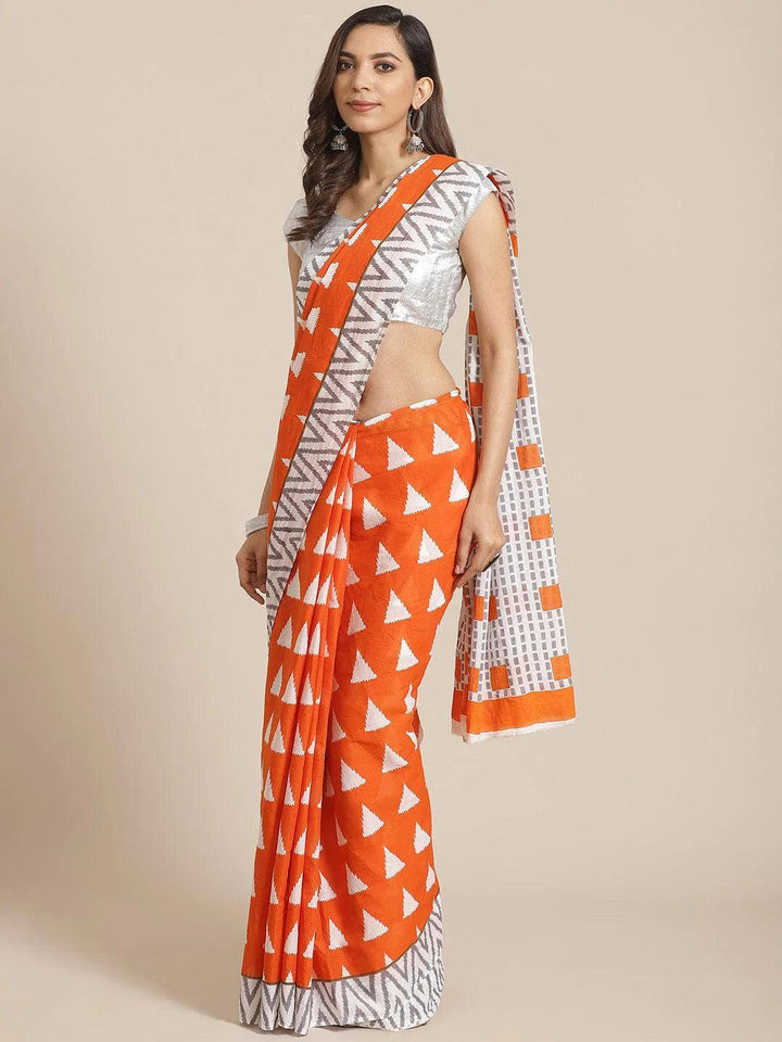 Orange Printed Cotton Saree - ShopLibas