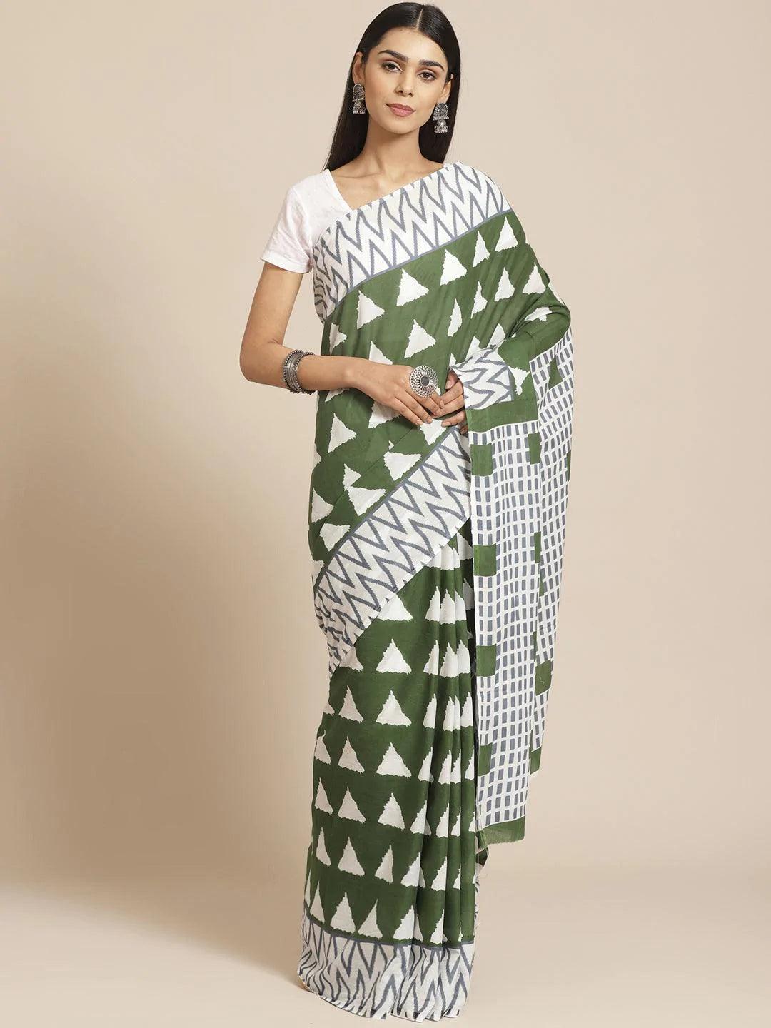 Green Printed Cotton Saree