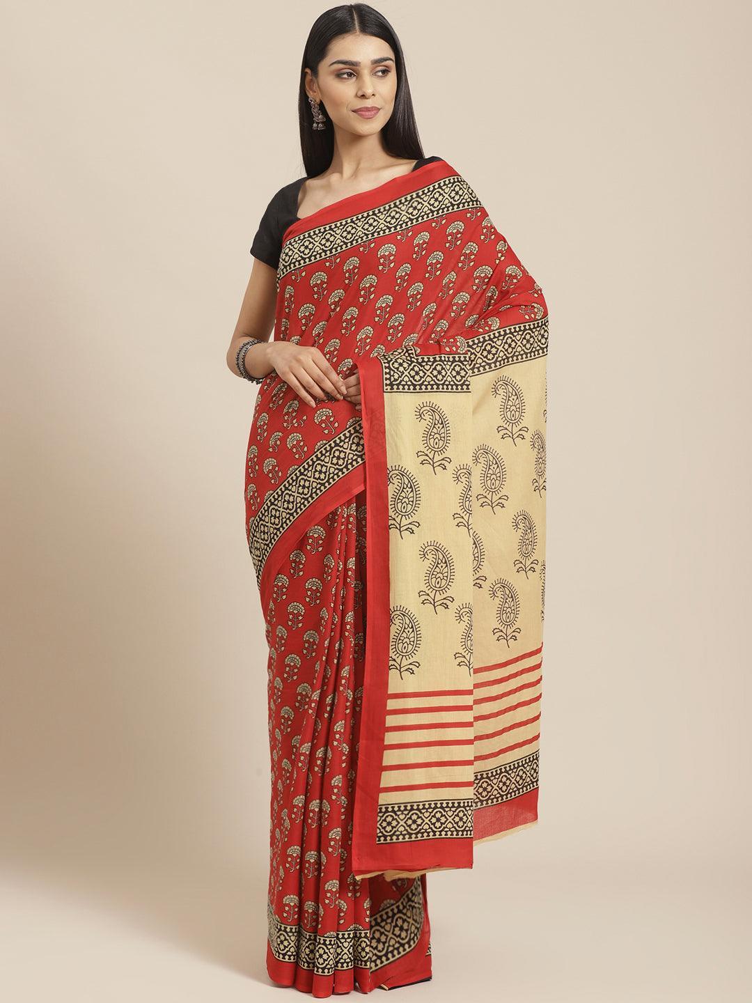 Red Printed Cotton Saree - ShopLibas