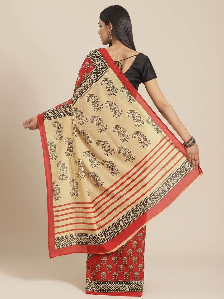 Red Printed Cotton Saree - ShopLibas