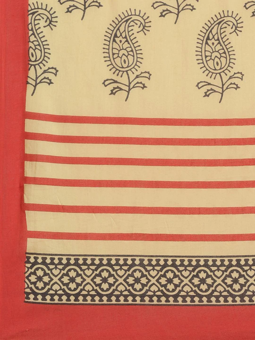 Red Printed Cotton Saree - ShopLibas