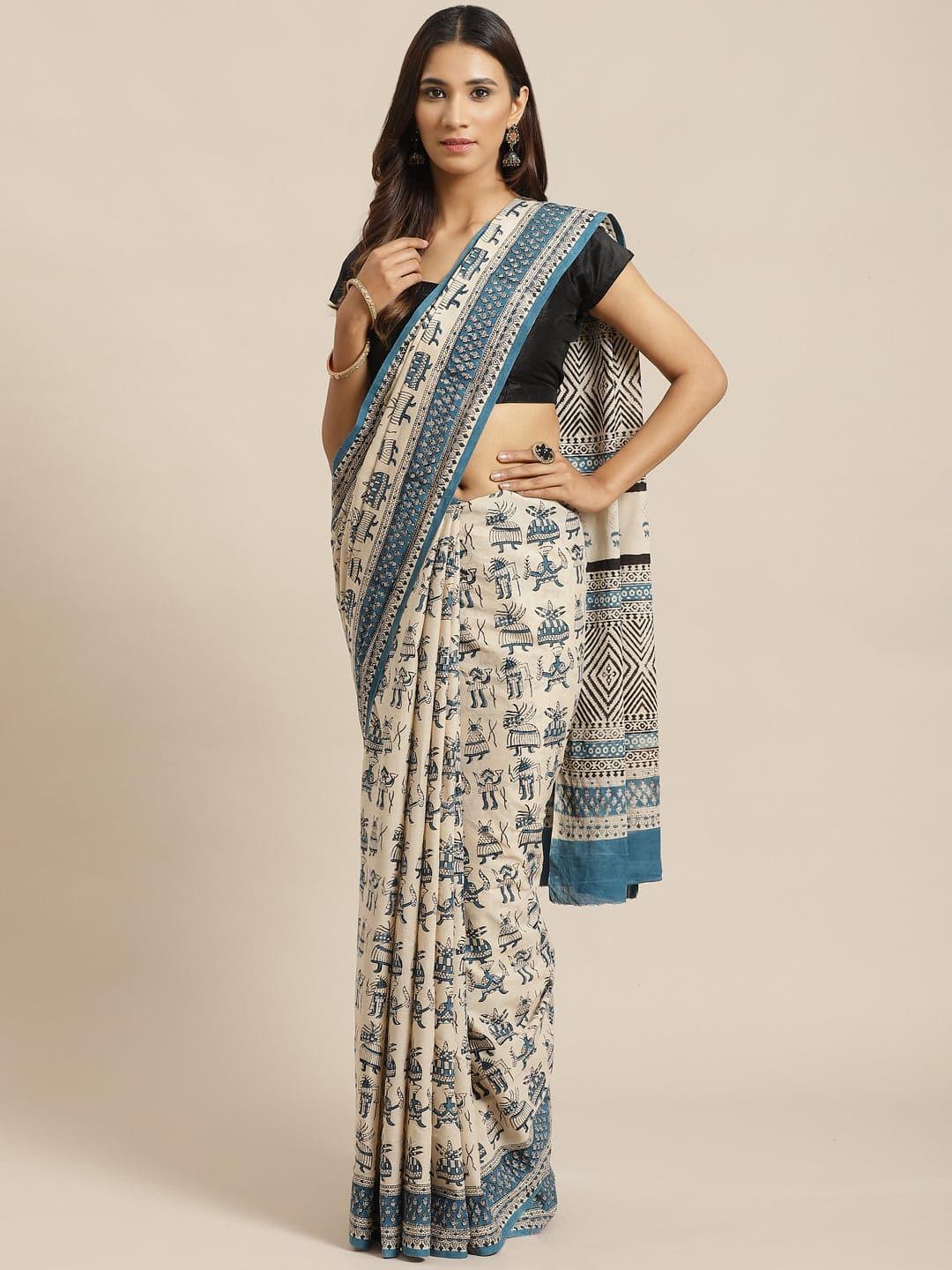 Beige Printed Cotton Saree - ShopLibas