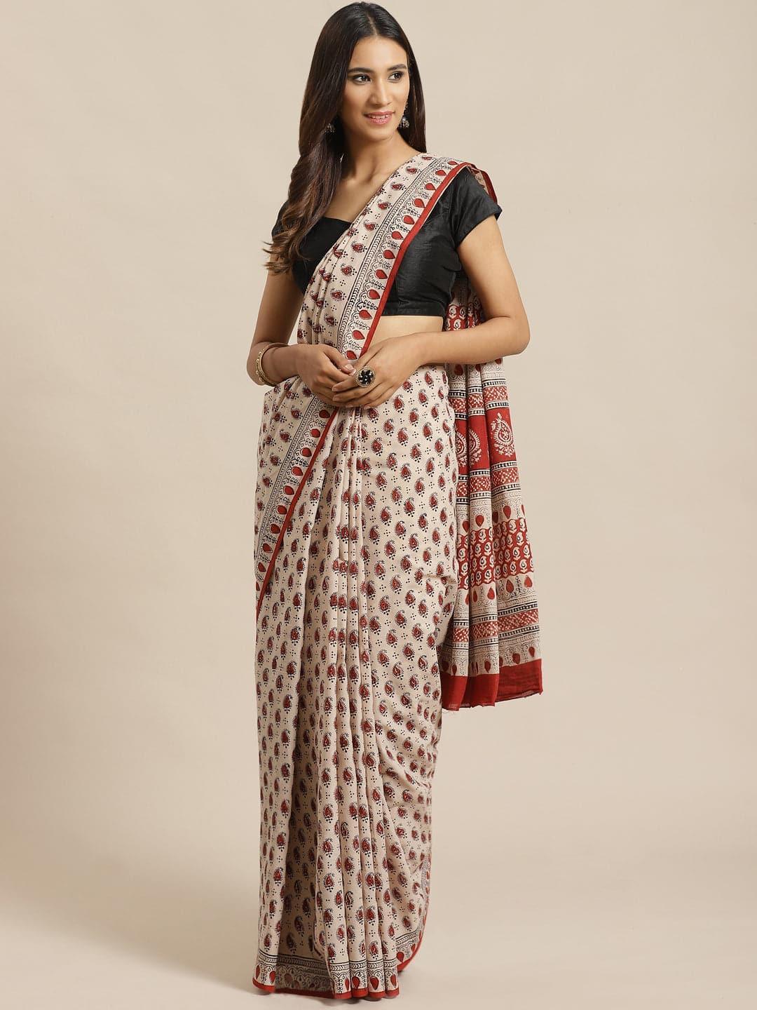 Beige Printed Cotton Saree - ShopLibas