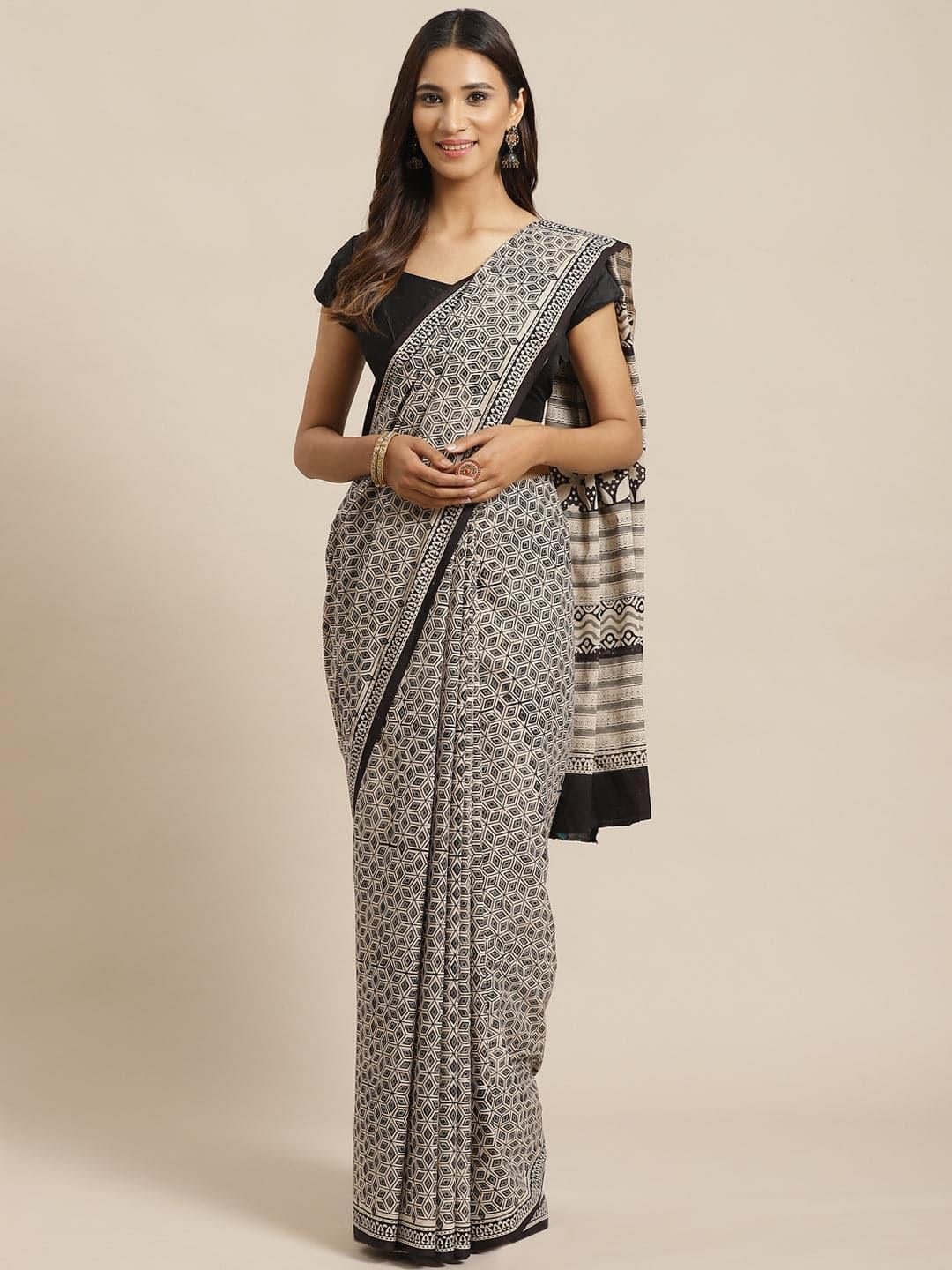 Beige Printed Cotton Saree - ShopLibas