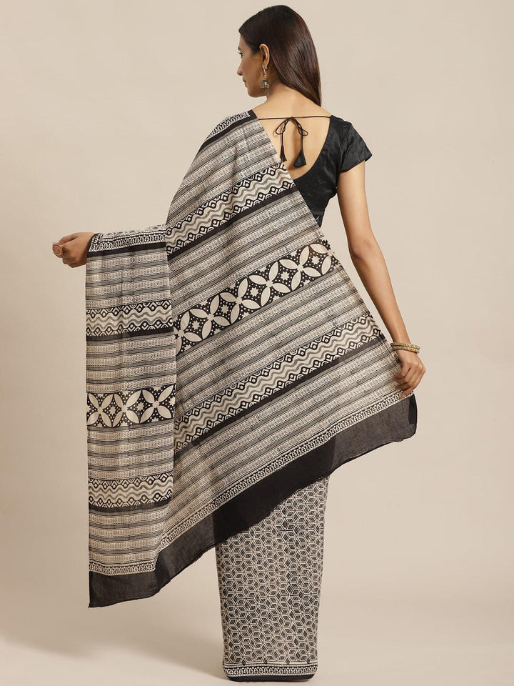 Beige Printed Cotton Saree - ShopLibas