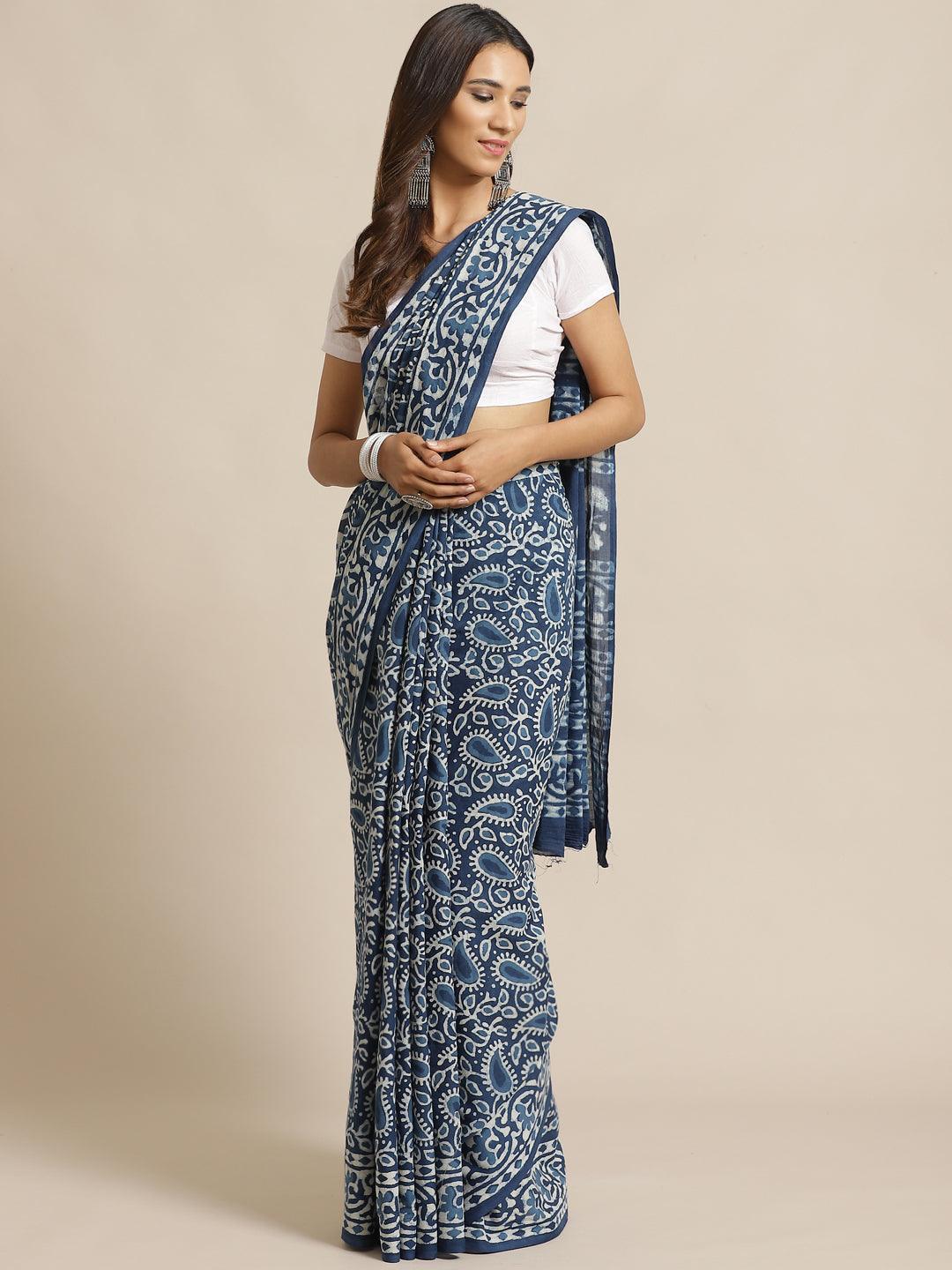 Blue Printed Cotton Saree