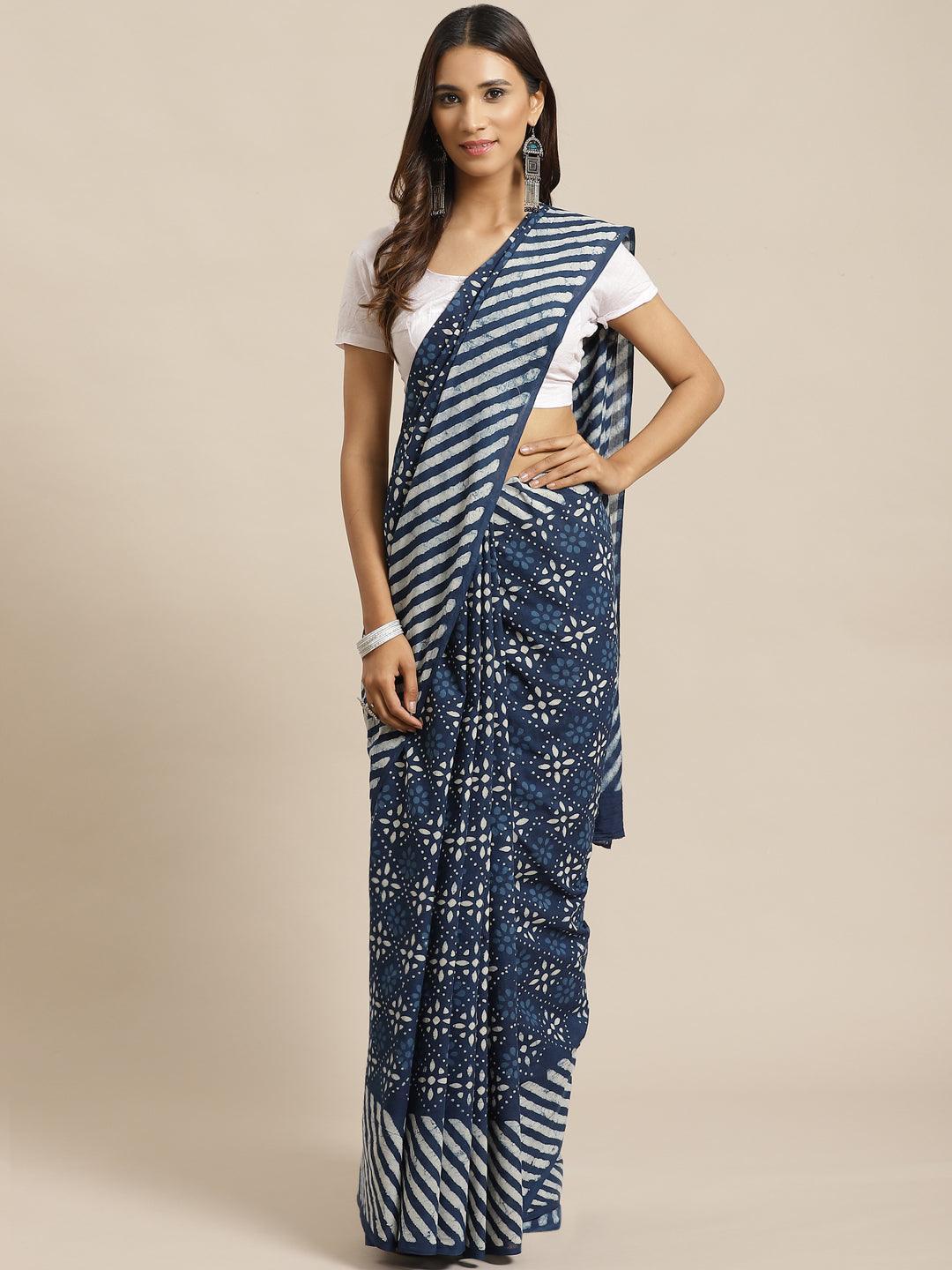 Blue Printed Cotton Saree