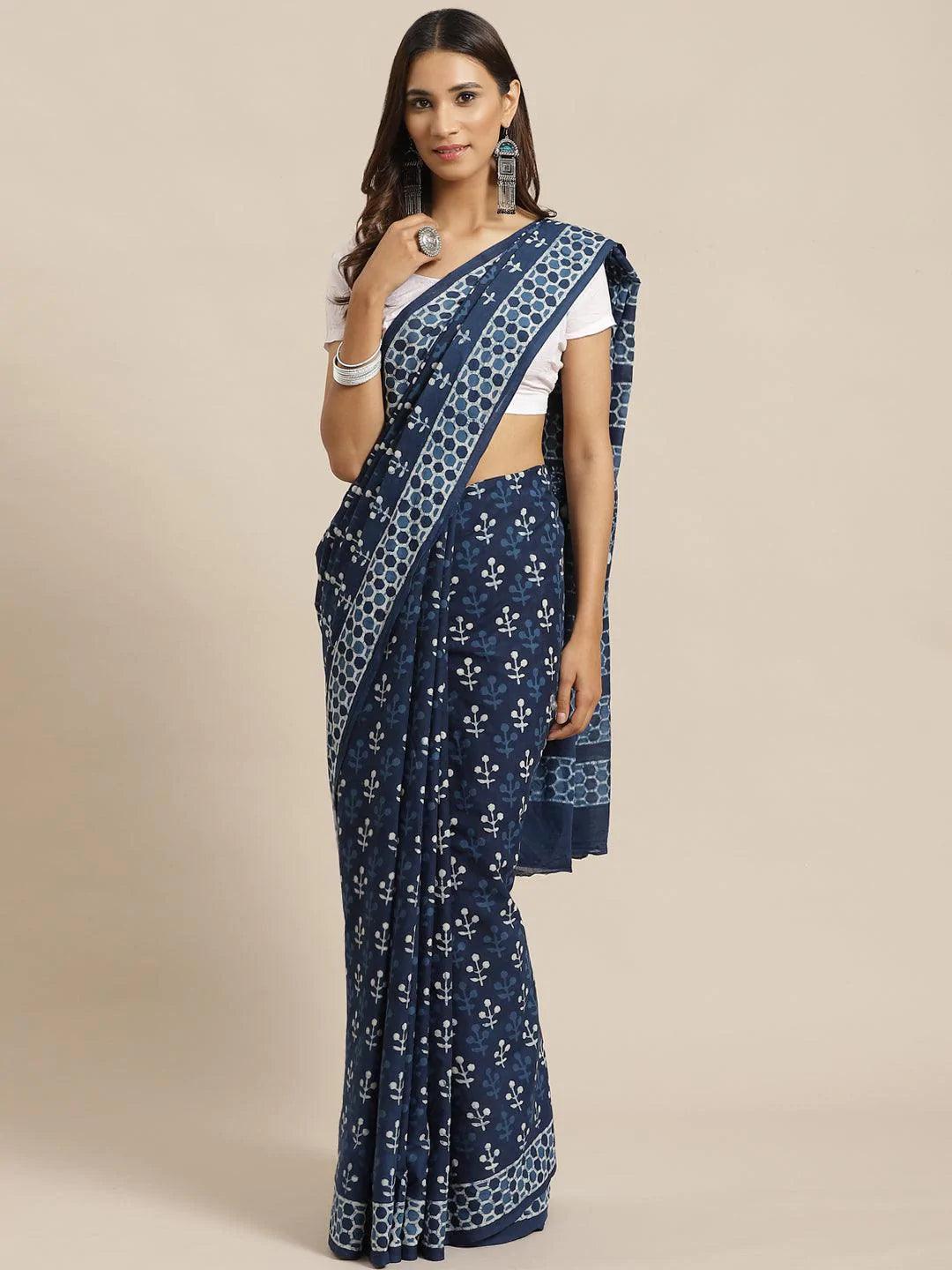 Blue Printed Cotton Saree