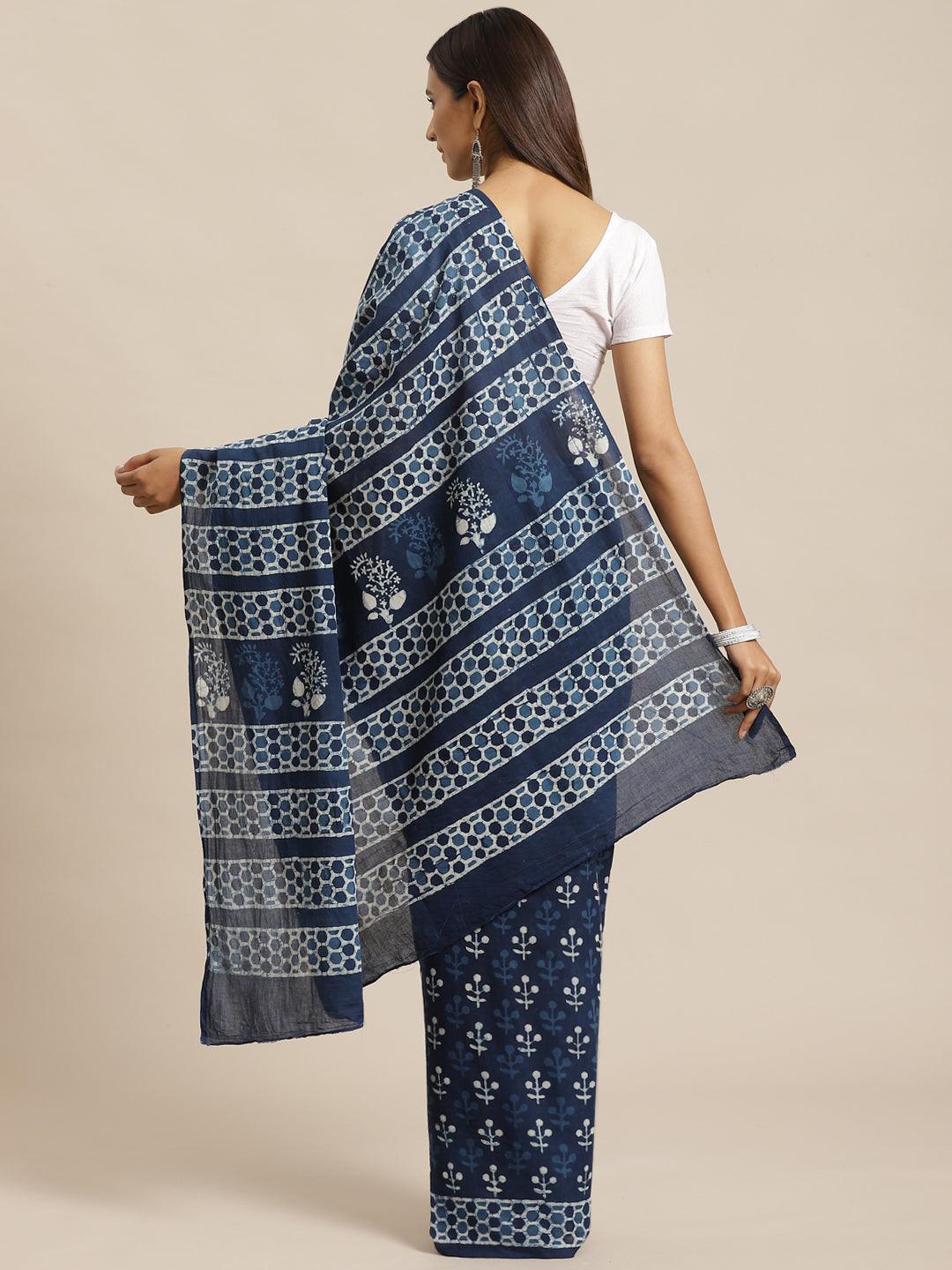 Blue Printed Cotton Saree