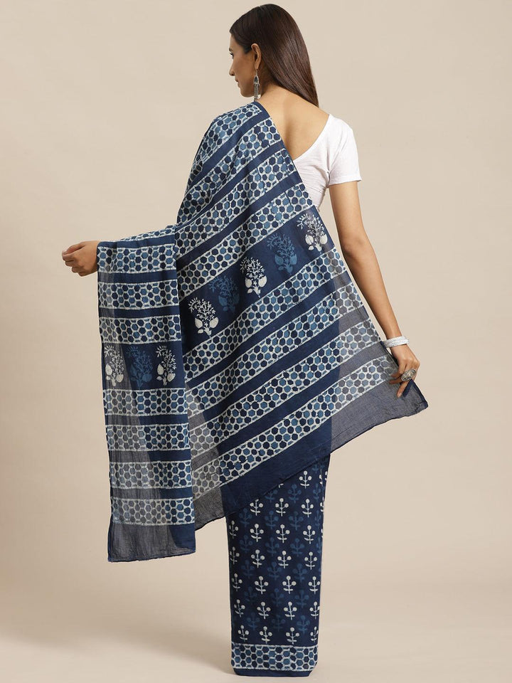 Blue Printed Cotton Saree - ShopLibas