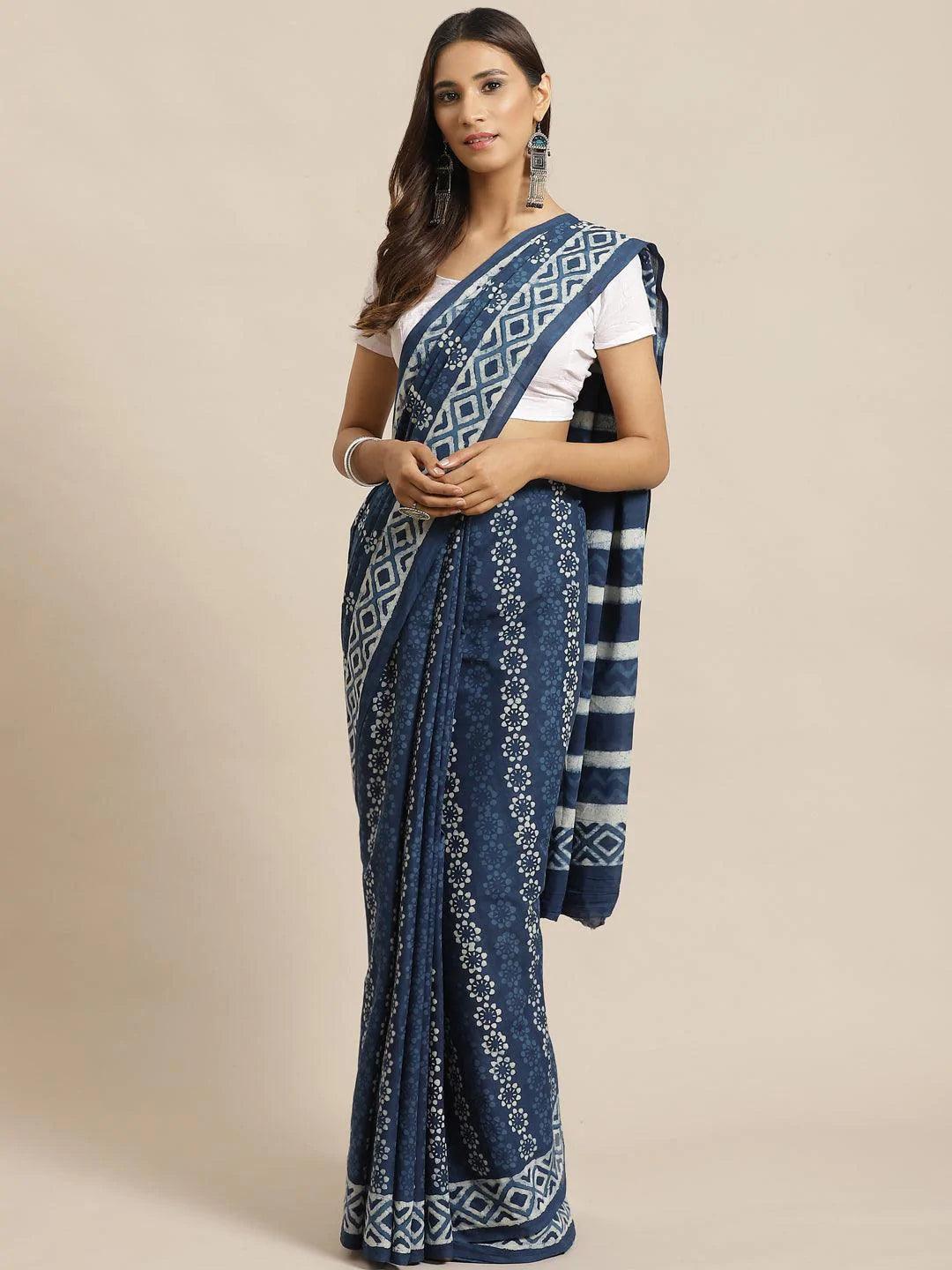 Blue Printed Cotton Saree