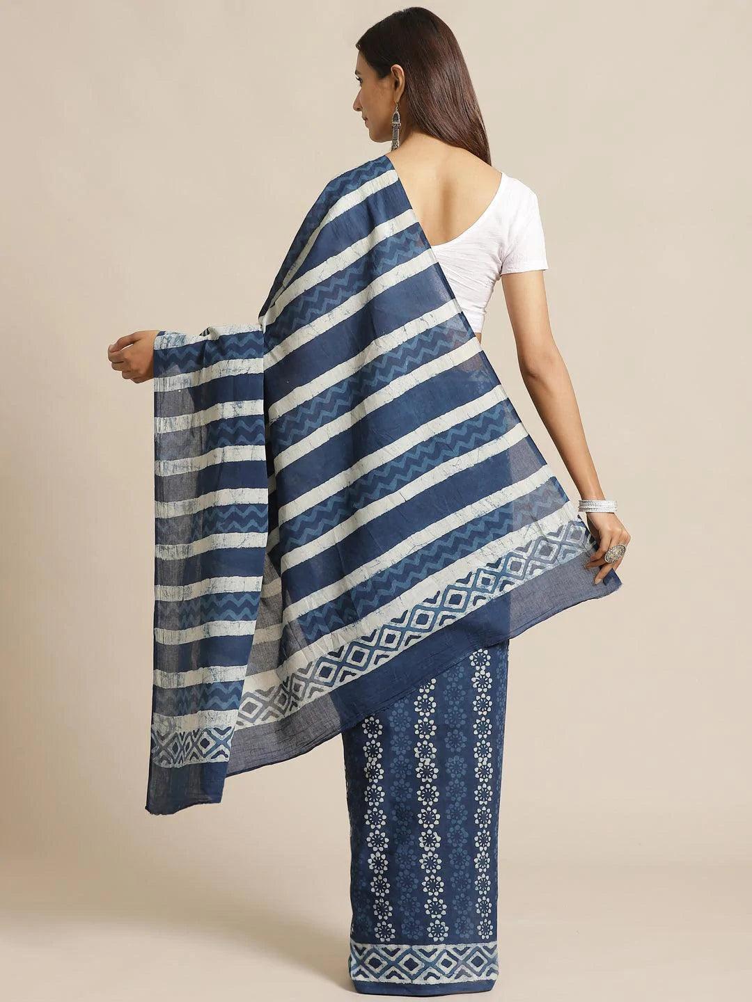 Blue Printed Cotton Saree