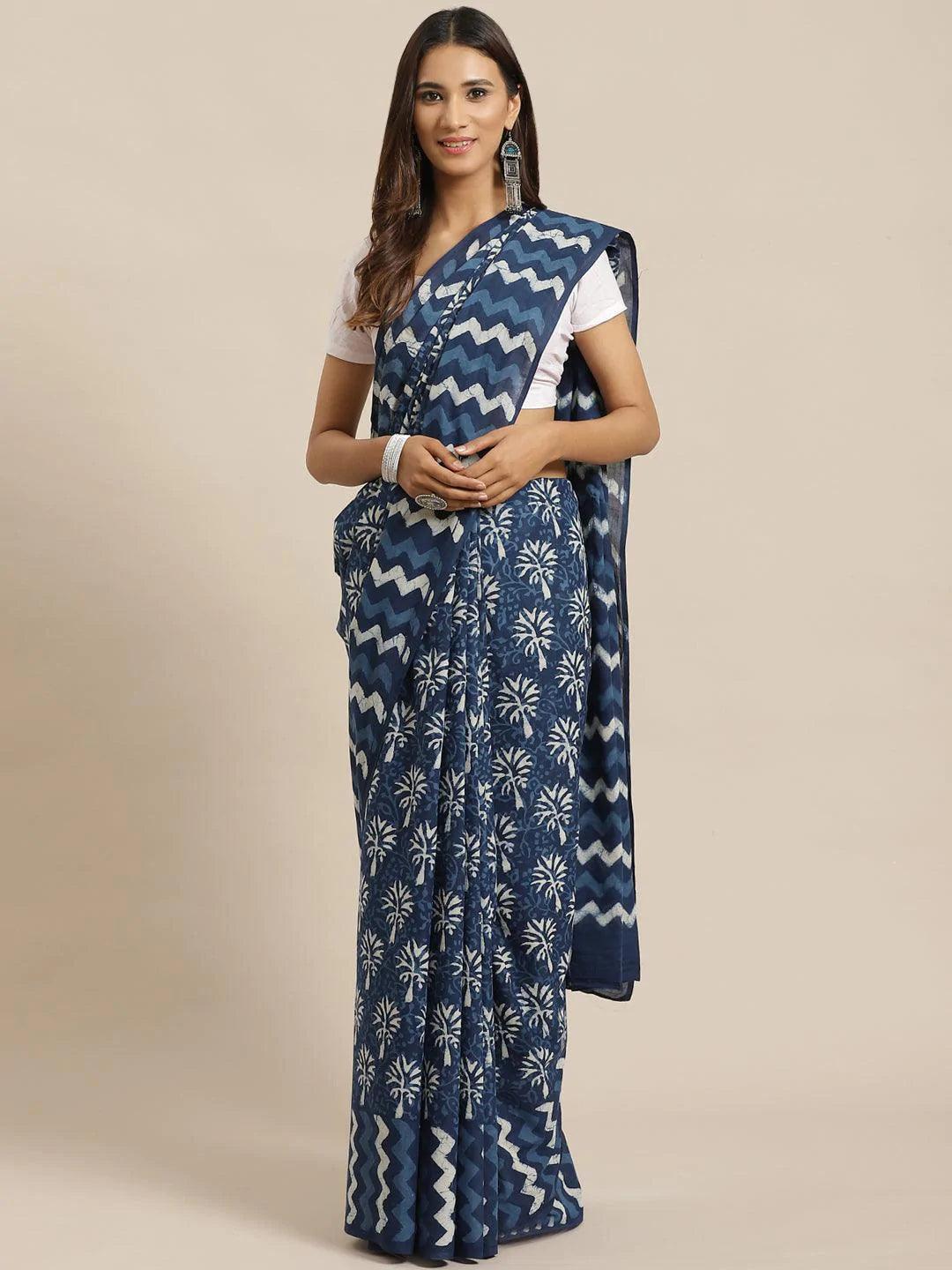 Blue Printed Cotton Saree