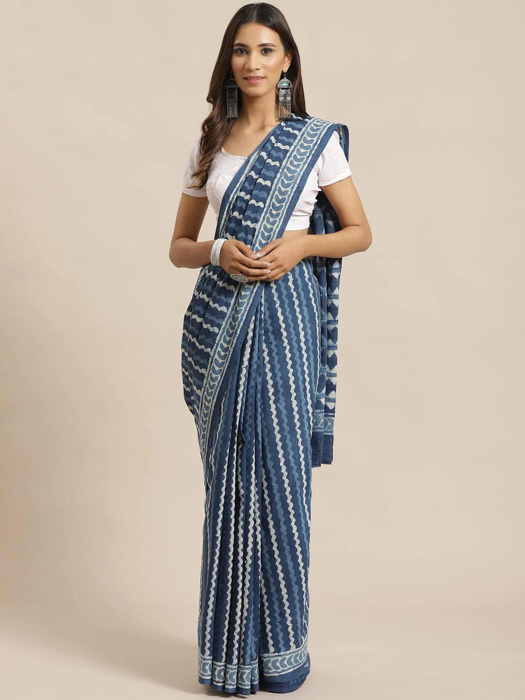 Blue Printed Cotton Saree