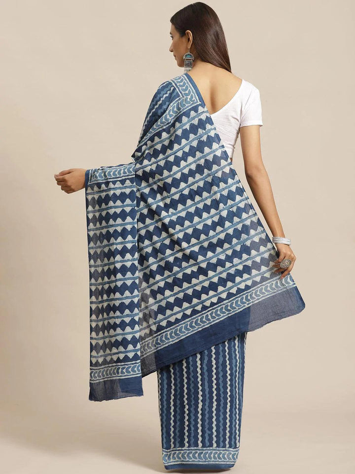 Blue Printed Cotton Saree - ShopLibas