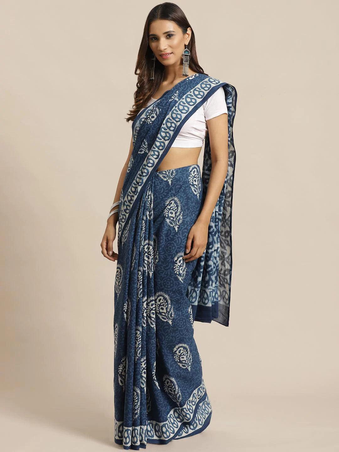 Blue Printed Cotton Saree