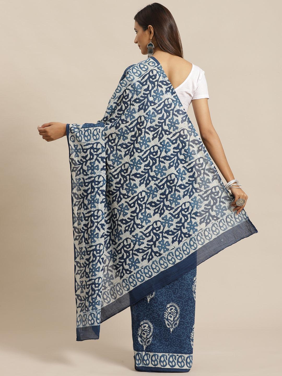 Blue Printed Cotton Saree