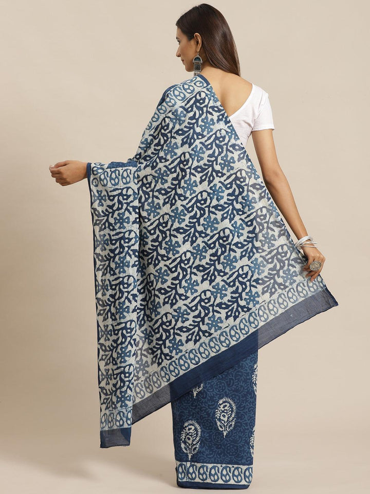 Blue Printed Cotton Saree - ShopLibas