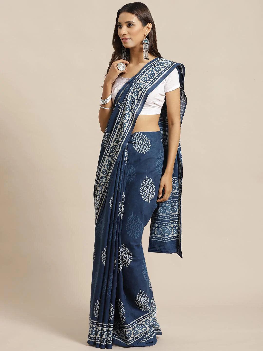 Blue Printed Cotton Saree